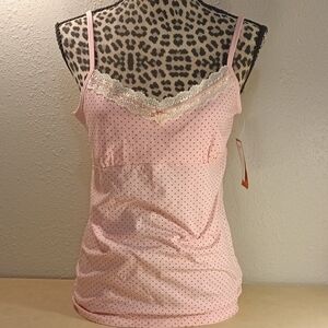 Faded Glory Pink Polka Dot Lace Trim Streach Cami Top